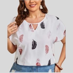SHEIN Women’s Tunic Top 1XL White Feather Print Dolman Sleeve Keyhole Neckline